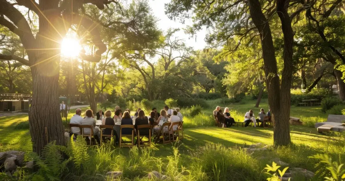 Outdoor group gathering in a peaceful wooded setting.